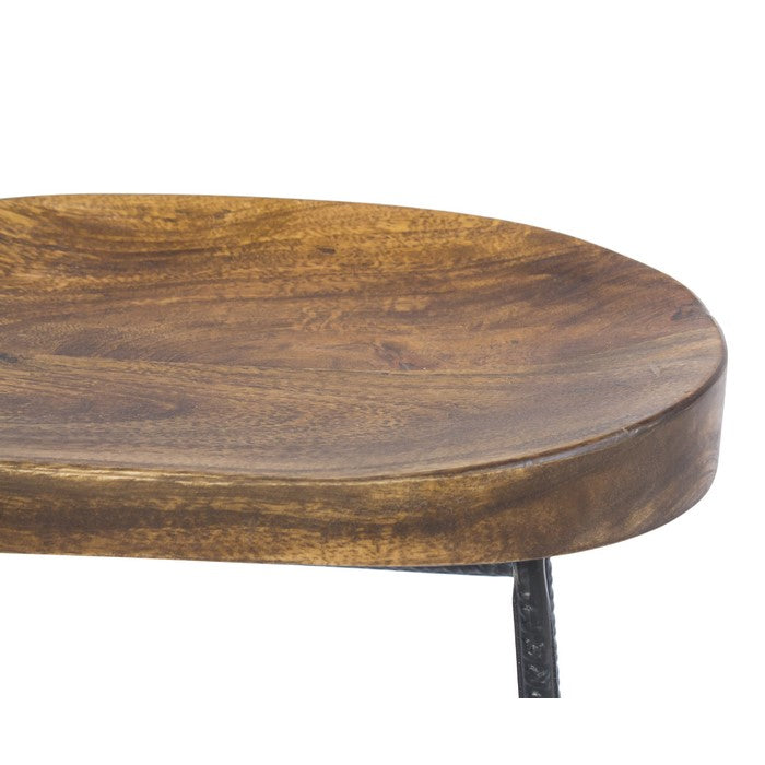 Mango Wood Saddle Seat Bar Stool With Iron Rod Legs, Brown and Black