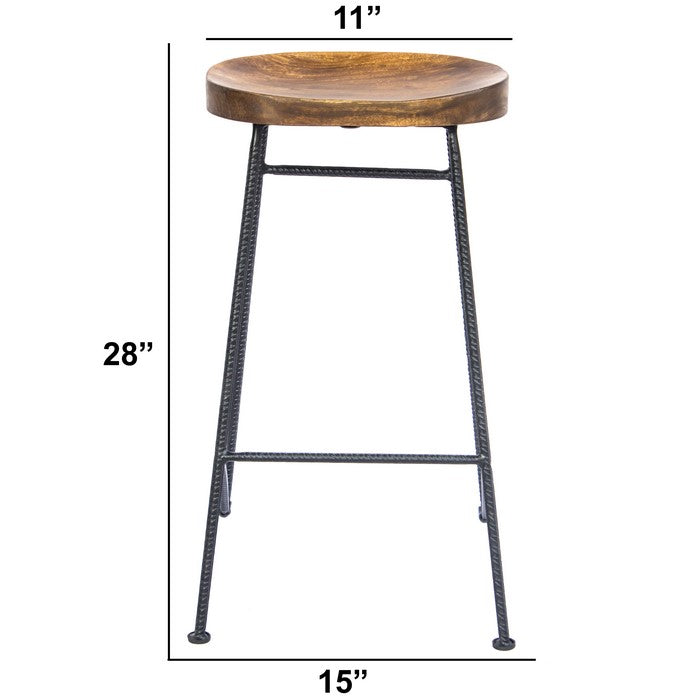 Mango Wood Saddle Seat Bar Stool With Iron Rod Legs, Brown and Black