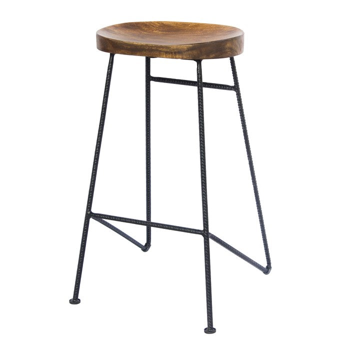 Mango Wood Saddle Seat Bar Stool With Iron Rod Legs, Brown and Black