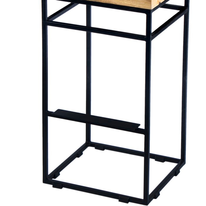 Square Mango Wood Bar Stool With Iron Base and Footrest, Brown and Black