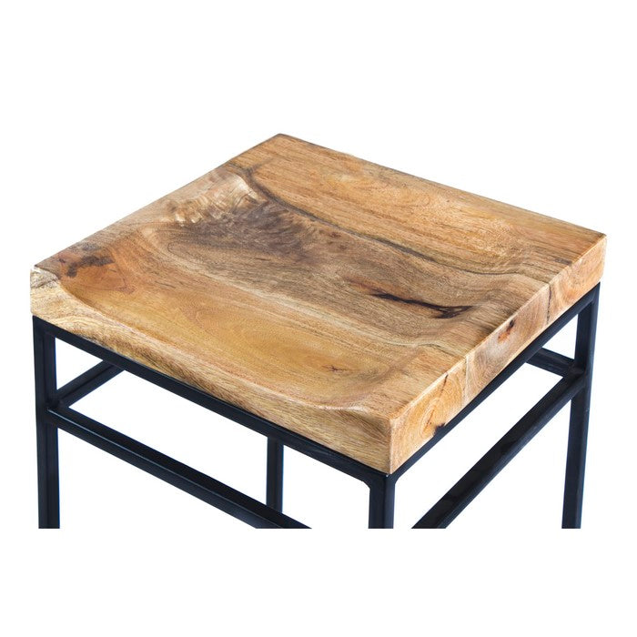 Square Mango Wood Bar Stool With Iron Base and Footrest, Brown and Black