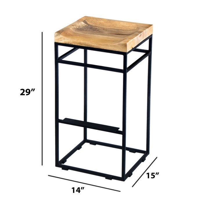 Square Mango Wood Bar Stool With Iron Base and Footrest, Brown and Black