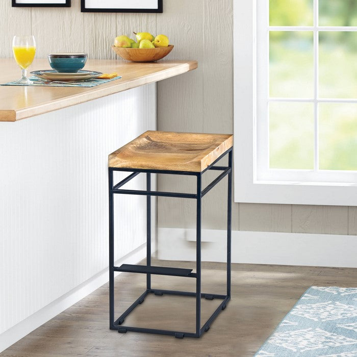 Square Mango Wood Bar Stool With Iron Base and Footrest, Brown and Black