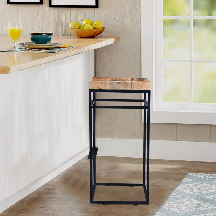 Square Mango Wood Bar Stool With Iron Base and Footrest, Brown and Black