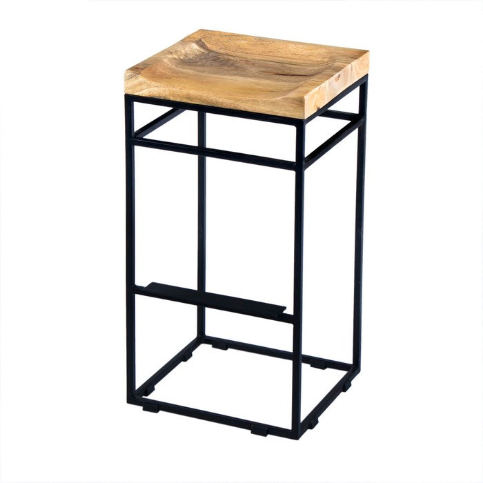 Square Mango Wood Bar Stool With Iron Base and Footrest, Brown and Black
