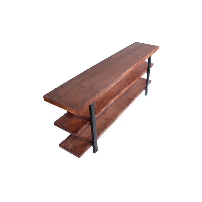 Mango Wood and Iron Console Table With Three Shelves, Brown and Black
