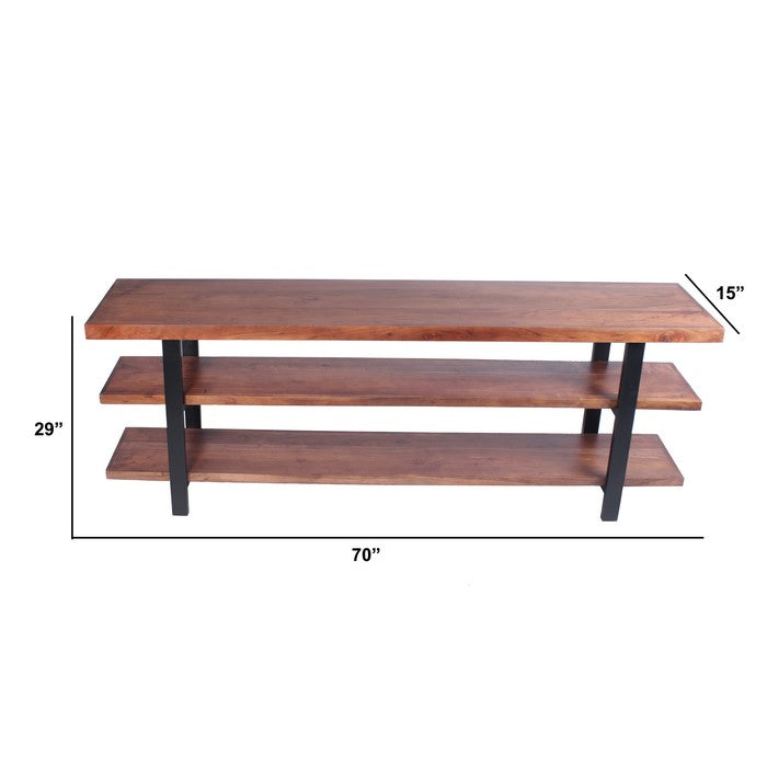 Mango Wood and Iron Console Table With Three Shelves, Brown and Black