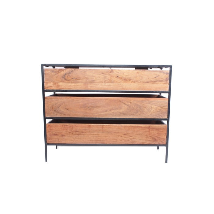 Spacious Three Drawer Acacia Wood Chest With Iron Framework, Brown and Black