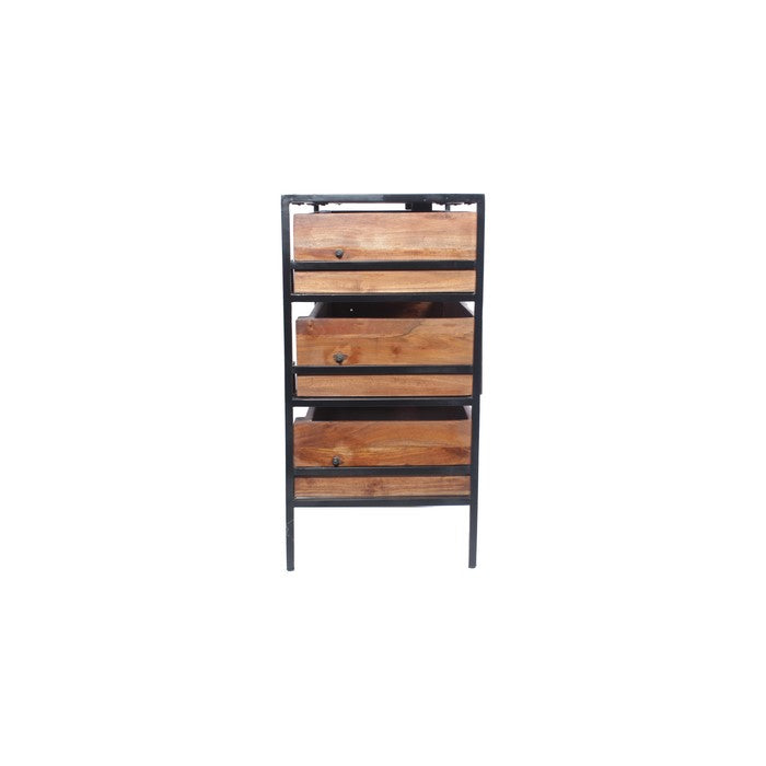 Spacious Three Drawer Acacia Wood Chest With Iron Framework, Brown and Black