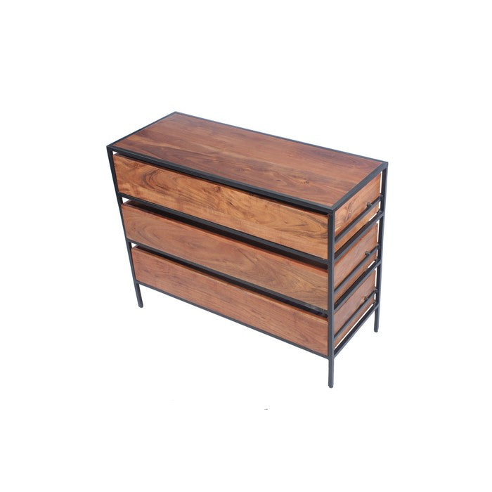 Spacious Three Drawer Acacia Wood Chest With Iron Framework, Brown and Black