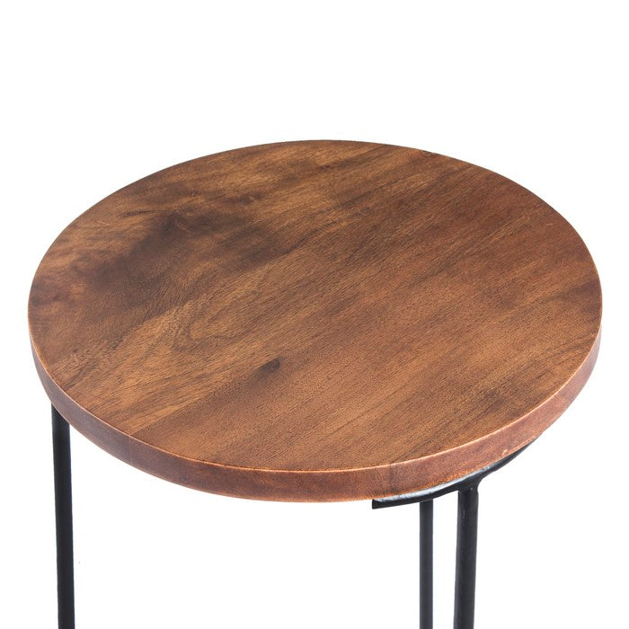 Round Iron Base Bar Stool With Acacia Wood Seat, Brown and Black
