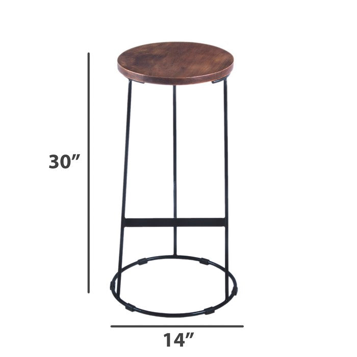 Round Iron Base Bar Stool With Acacia Wood Seat, Brown and Black