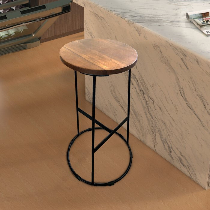 Round Iron Base Bar Stool With Acacia Wood Seat, Brown and Black