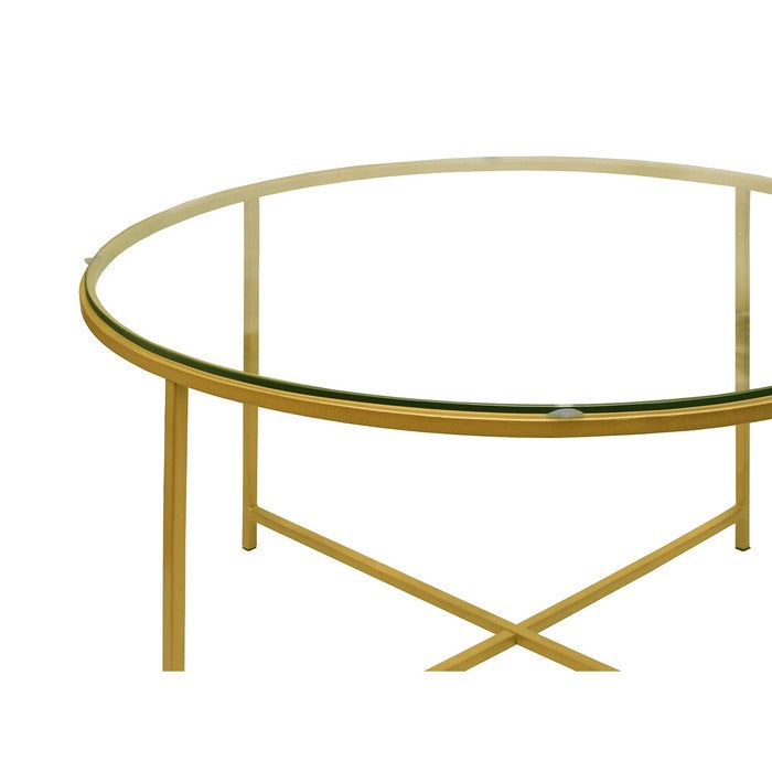 Round Metal Coffee Table With Glass Top and X Shape Base, Gold and Clear