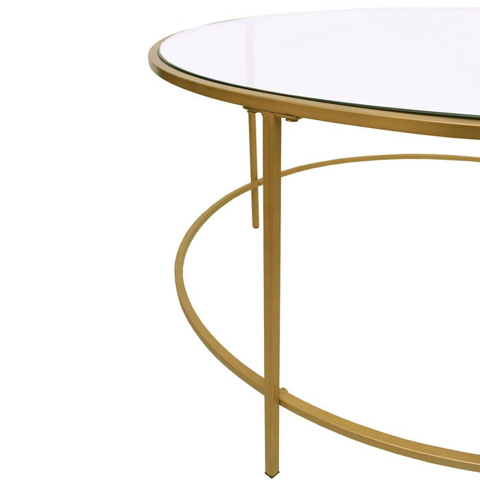 Contemporary Style Round Metal Framed Coffee Table with Glass Top, Gold and Clear