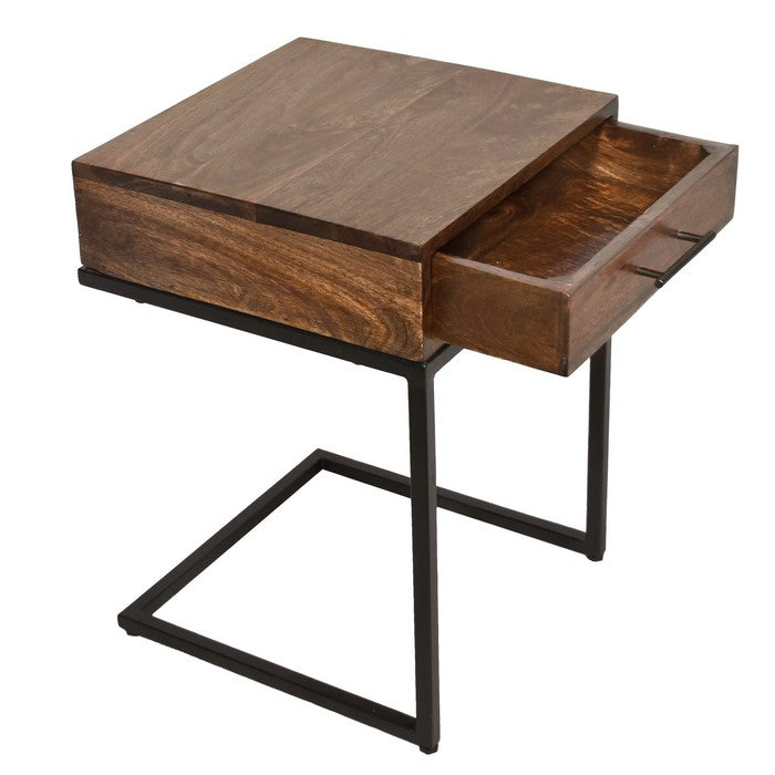 Mango Wood Side Table with Drawer and Cantilever Iron Base, Brown and Black