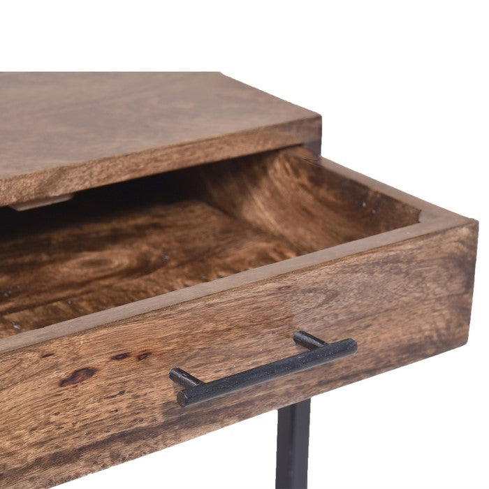 Mango Wood Side Table with Drawer and Cantilever Iron Base, Brown and Black