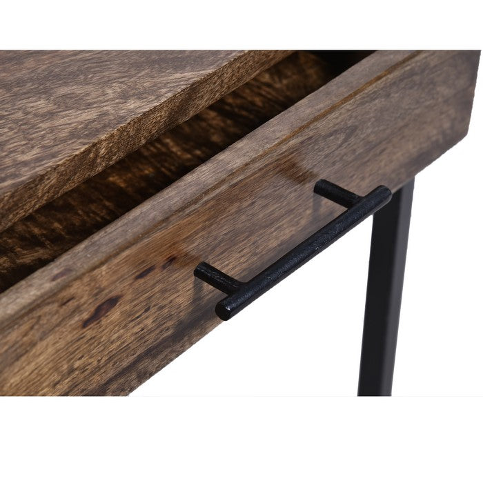 Mango Wood Side Table with Drawer and Cantilever Iron Base, Brown and Black