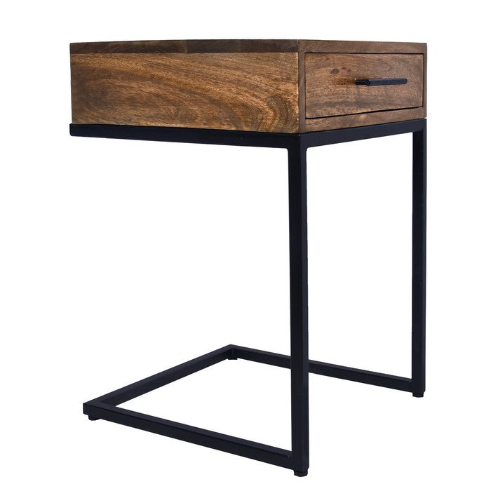 Mango Wood Side Table with Drawer and Cantilever Iron Base, Brown and Black