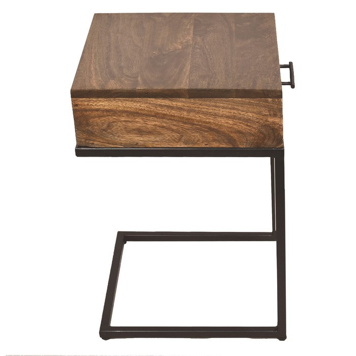Mango Wood Side Table with Drawer and Cantilever Iron Base, Brown and Black