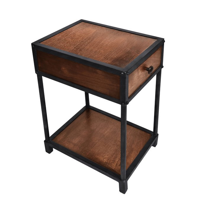 Metal Framed Mango Wood End Table with Drawer and Open Base, Brown and Black