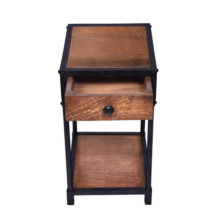 Metal Framed Mango Wood End Table with Drawer and Open Base, Brown and Black
