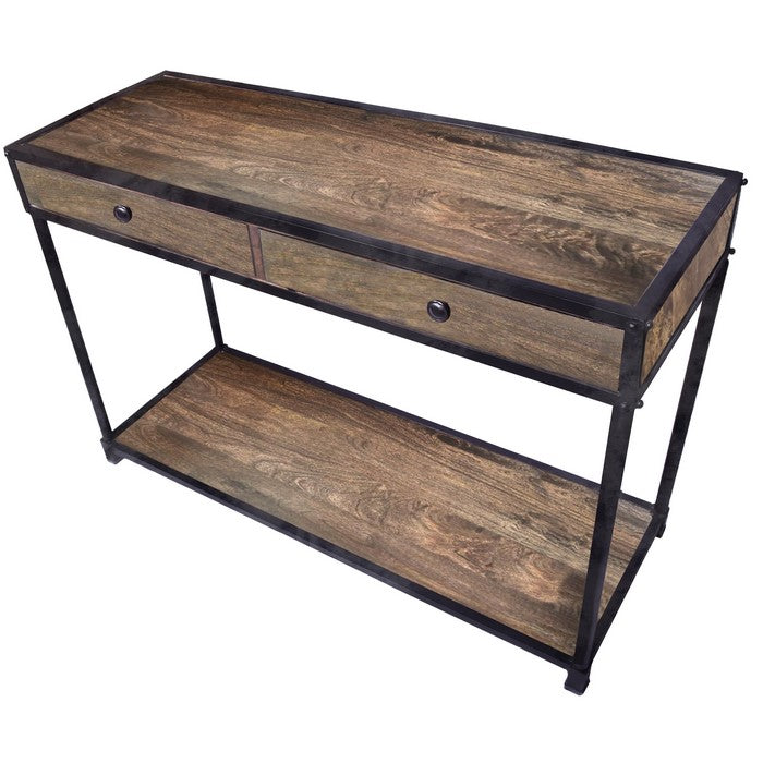 Metal Framed Mango Wood Console with Two Drawers and Open Base, Brown and Black