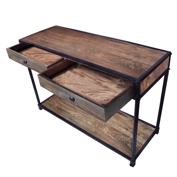 Metal Framed Mango Wood Console with Two Drawers and Open Base, Brown and Black