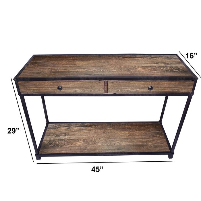 Metal Framed Mango Wood Console with Two Drawers and Open Base, Brown and Black
