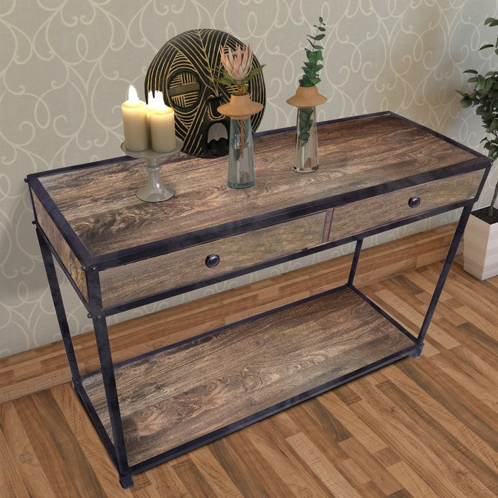 Metal Framed Mango Wood Console with Two Drawers and Open Base, Brown and Black