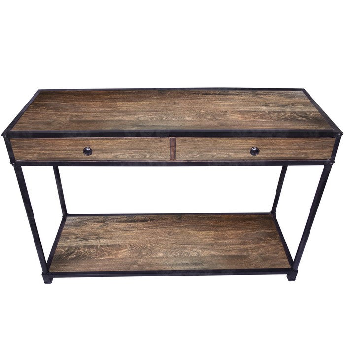 Metal Framed Mango Wood Console with Two Drawers and Open Base, Brown and Black