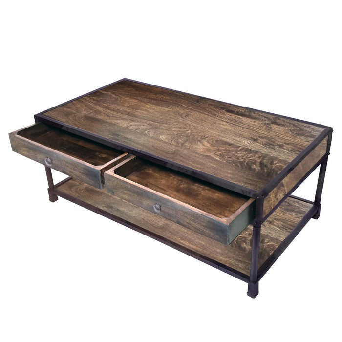 Metal Framed Mango Wood Coffee Table with Two Drawers and Open Base, Brown and Black