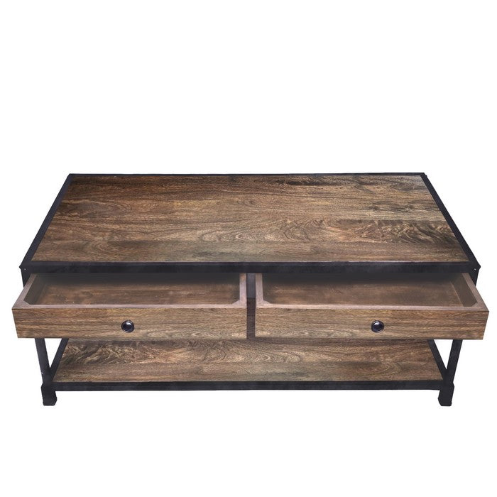 Metal Framed Mango Wood Coffee Table with Two Drawers and Open Base, Brown and Black