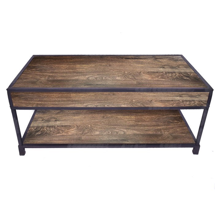 Metal Framed Mango Wood Coffee Table with Two Drawers and Open Base, Brown and Black