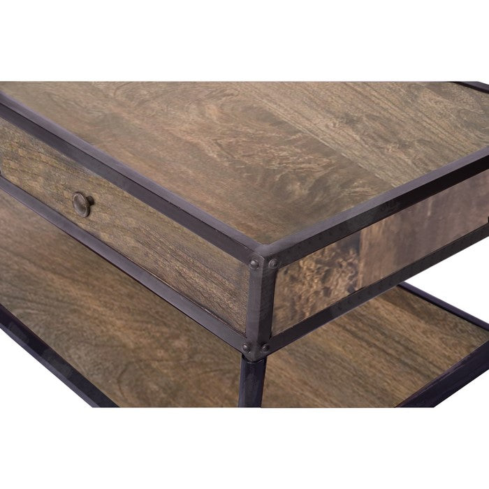Metal Framed Mango Wood Coffee Table with Two Drawers and Open Base, Brown and Black