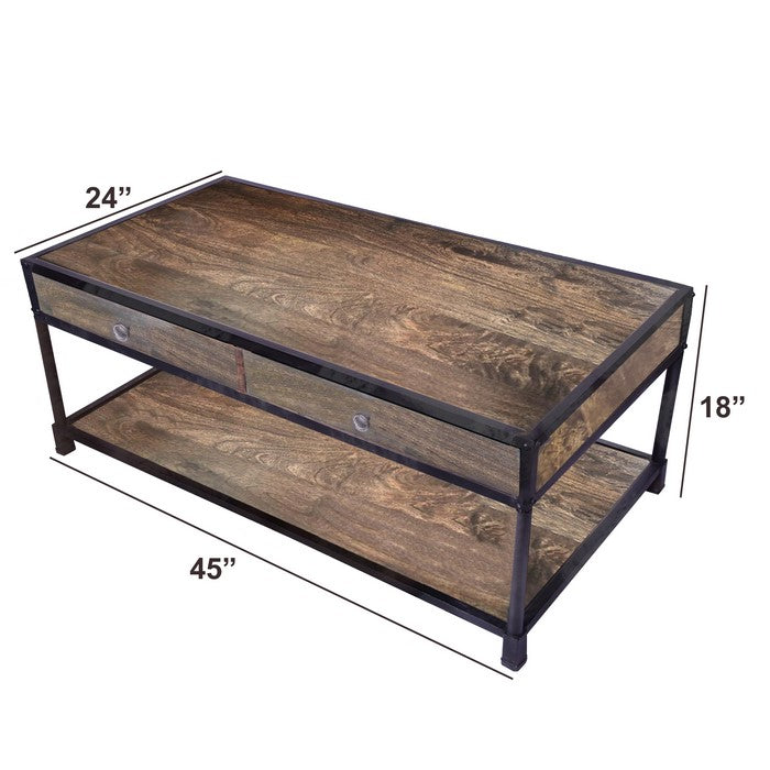 Metal Framed Mango Wood Coffee Table with Two Drawers and Open Base, Brown and Black