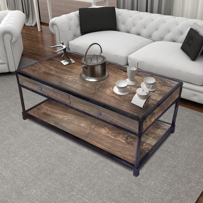 Metal Framed Mango Wood Coffee Table with Two Drawers and Open Base, Brown and Black