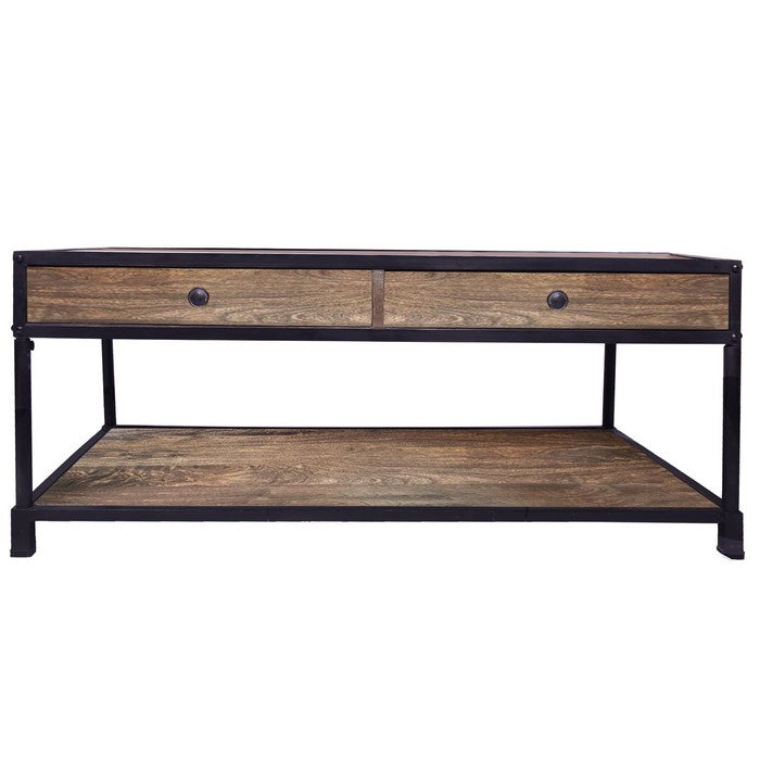 Metal Framed Mango Wood Coffee Table with Two Drawers and Open Base, Brown and Black