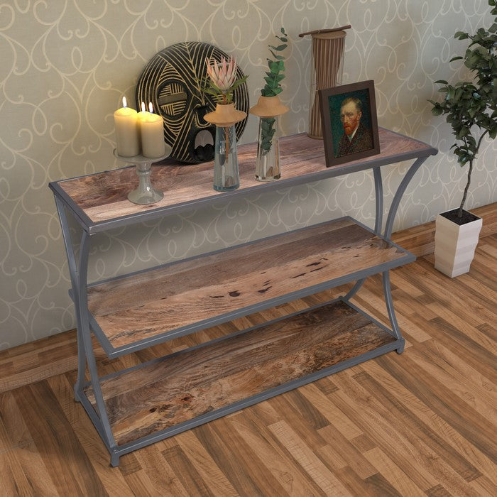 Metal Framed Three Tier Console Table with Mango Wood Shelves, Brown and Gray