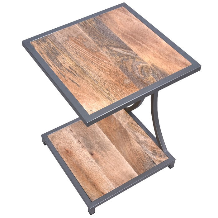 Plank Style Mango Wood End Table with Metal Framing and Open Shelf, Brown and Gray