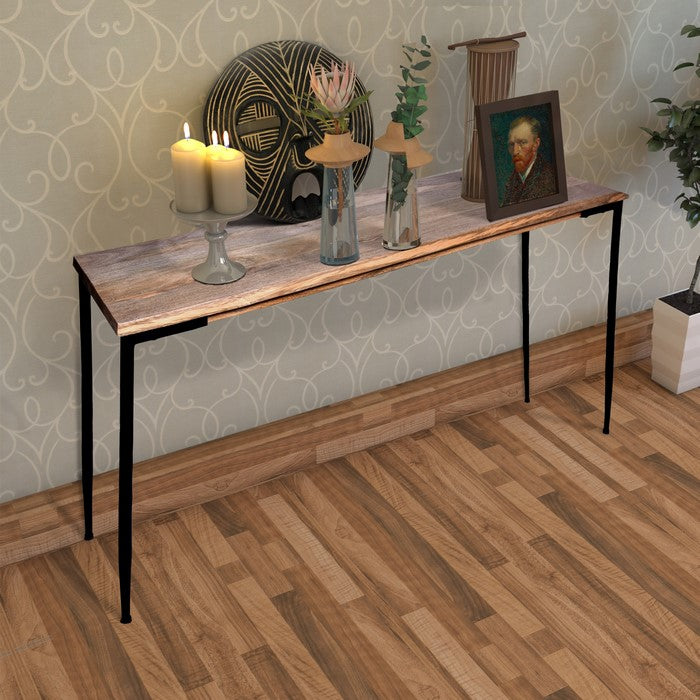 Rectangular Mango Wood Console Table with Tapered Metal Legs, Brown and Black