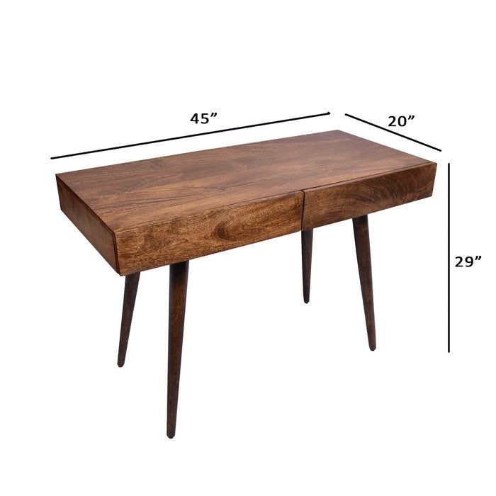 Mango Wood Writing Desk with Two Drawers and Tapered Legs, Brown