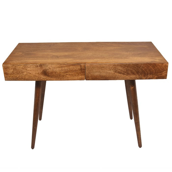 Mango Wood Writing Desk with Two Drawers and Tapered Legs, Brown
