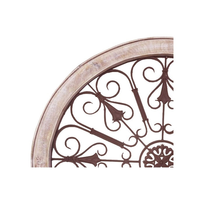 Round Intricate Metal Scrollwork WallDecor with Wooden Frame, Cream and Brown