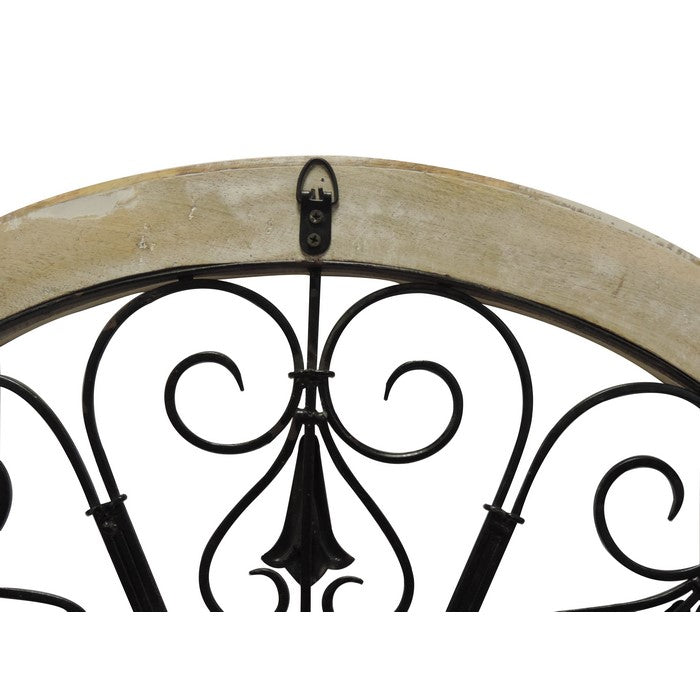 Round Intricate Metal Scrollwork WallDecor with Wooden Frame, Cream and Brown
