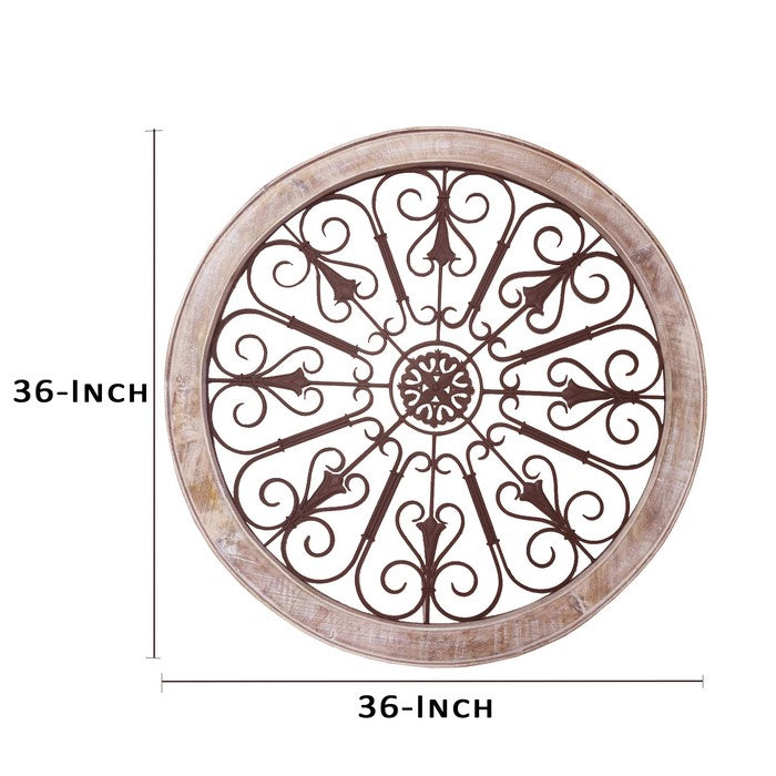 Round Intricate Metal Scrollwork WallDecor with Wooden Frame, Cream and Brown
