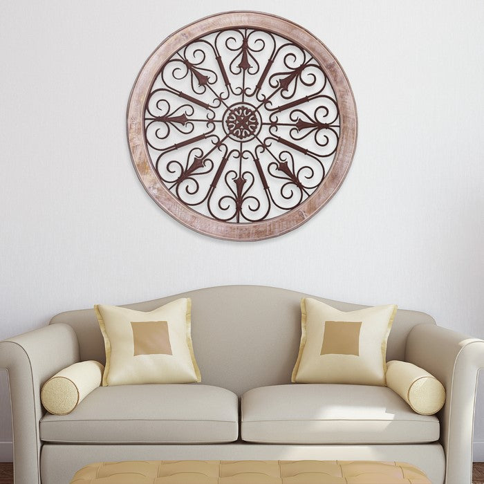 Round Intricate Metal Scrollwork WallDecor with Wooden Frame, Cream and Brown