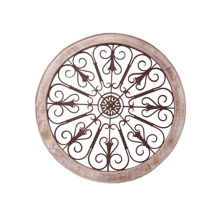 Round Intricate Metal Scrollwork WallDecor with Wooden Frame, Cream and Brown