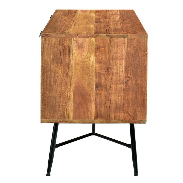 Roomy Wooden Media Console with Slanted Metal Base, Brown and Black