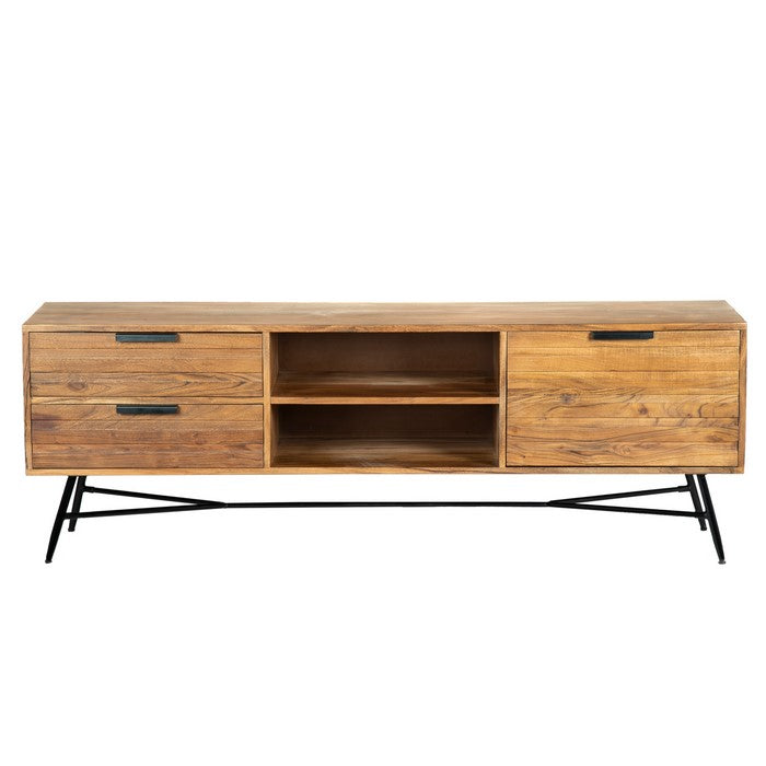 Roomy Wooden Media Console with Slanted Metal Base, Brown and Black